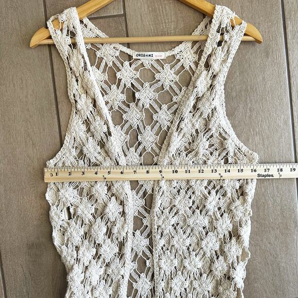 Origami By Vivian Crochet Duster Vest OS Fringe Open Boho Hippie Festival 90s - Picture 5 of 6